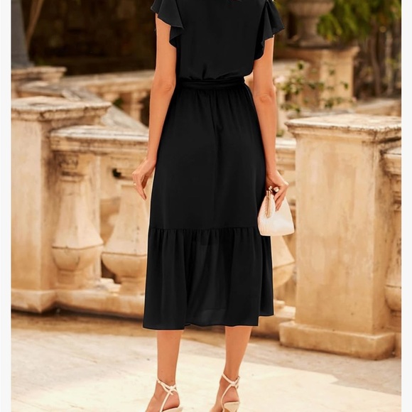 Bohemian Casual Wrap V Neck Ruffle Cap Sleeveless Belt A-Line Pleated Hem Midi - Picture 4 of 11